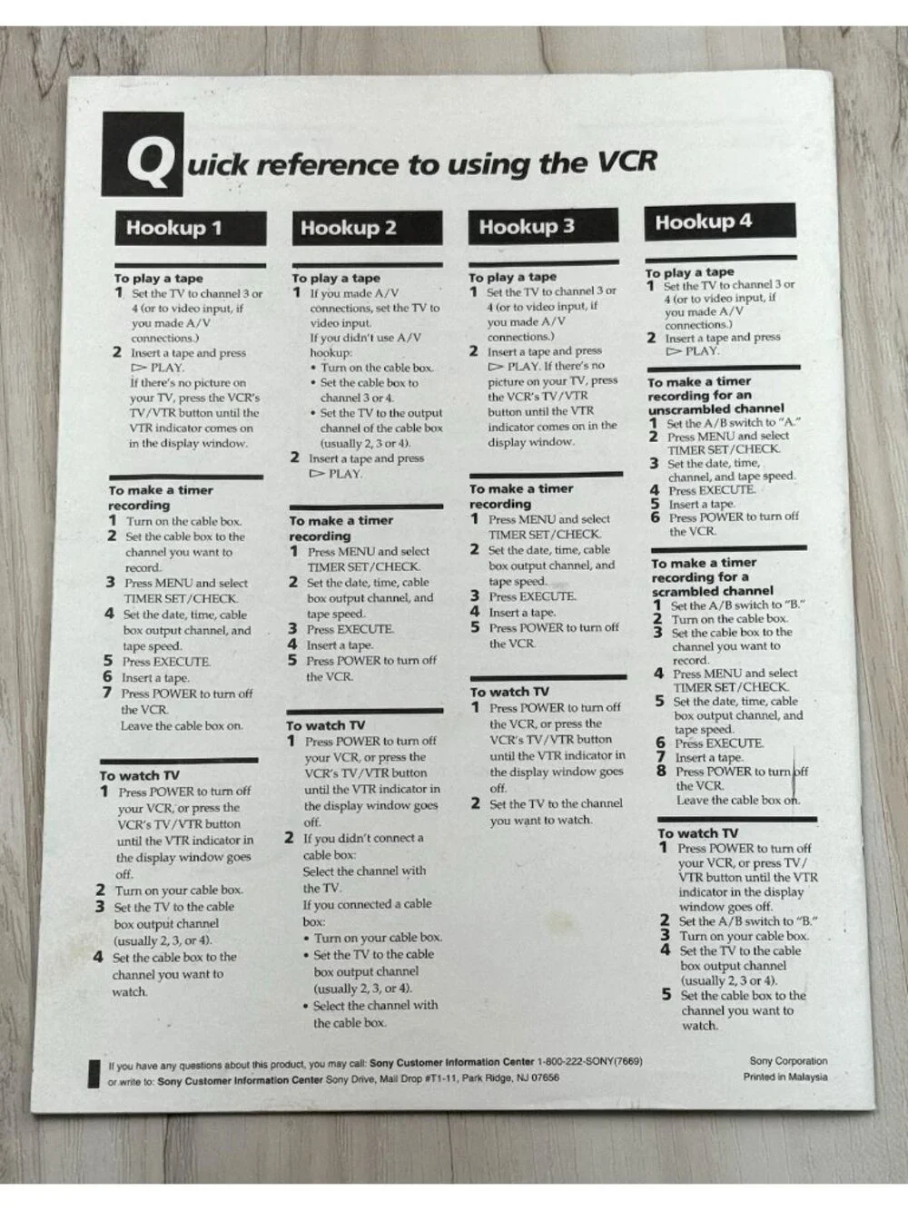1994 SONY Video Cassette Recorder VCR Manual OPERATING INSTRUCTIONS Only SLV-340